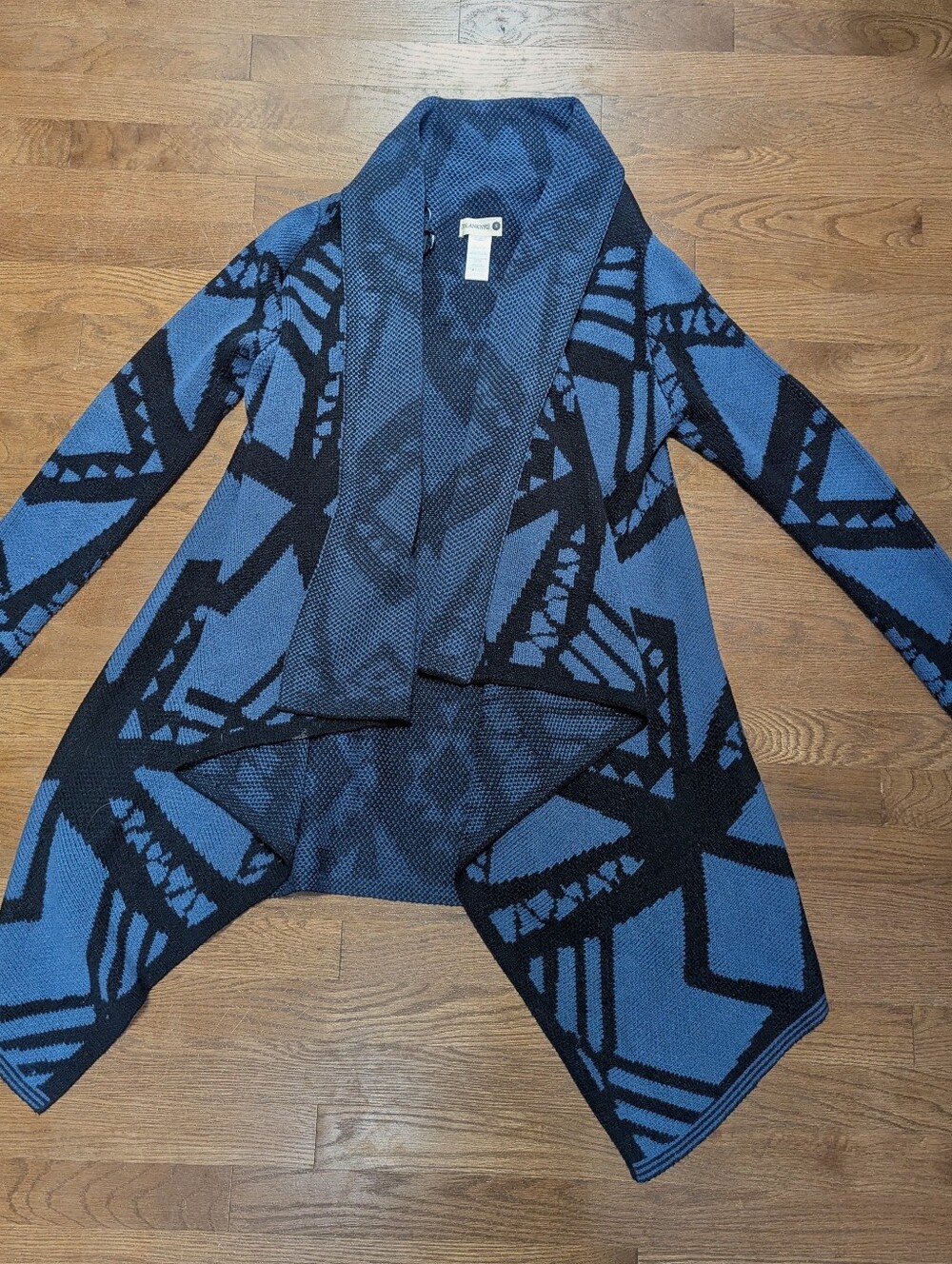 BlankNYC Blue and Black Geometric Shawl Collar Sweater Cardigan